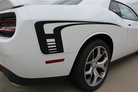 A pair of Matte Black Side Stripe Decals with Twin Hash Marks are a great way to add sporty styling to your 2008-2023 Dodge Challenger. . Side stripes for challenger